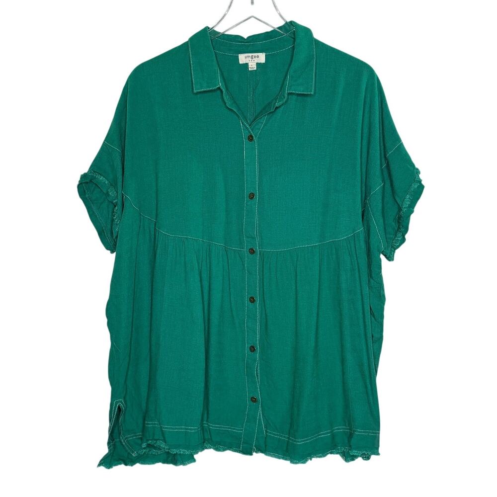Umgee Short Sleeve Linen Cotton Babydoll Tunic L Oversized Green Relaxed Boho